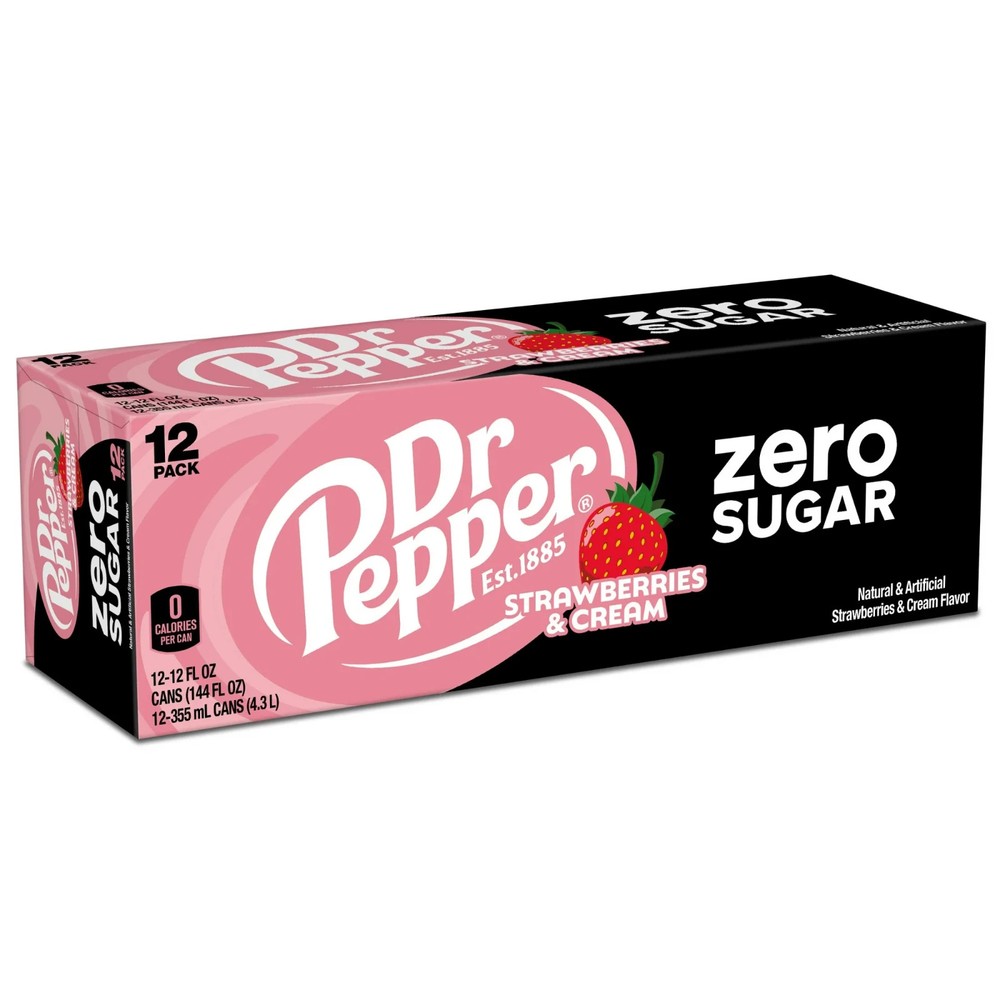 Dr Pepper Zero Sugar Strawberries & Cream Soda 12oz 12 Pack Cans Refreshing