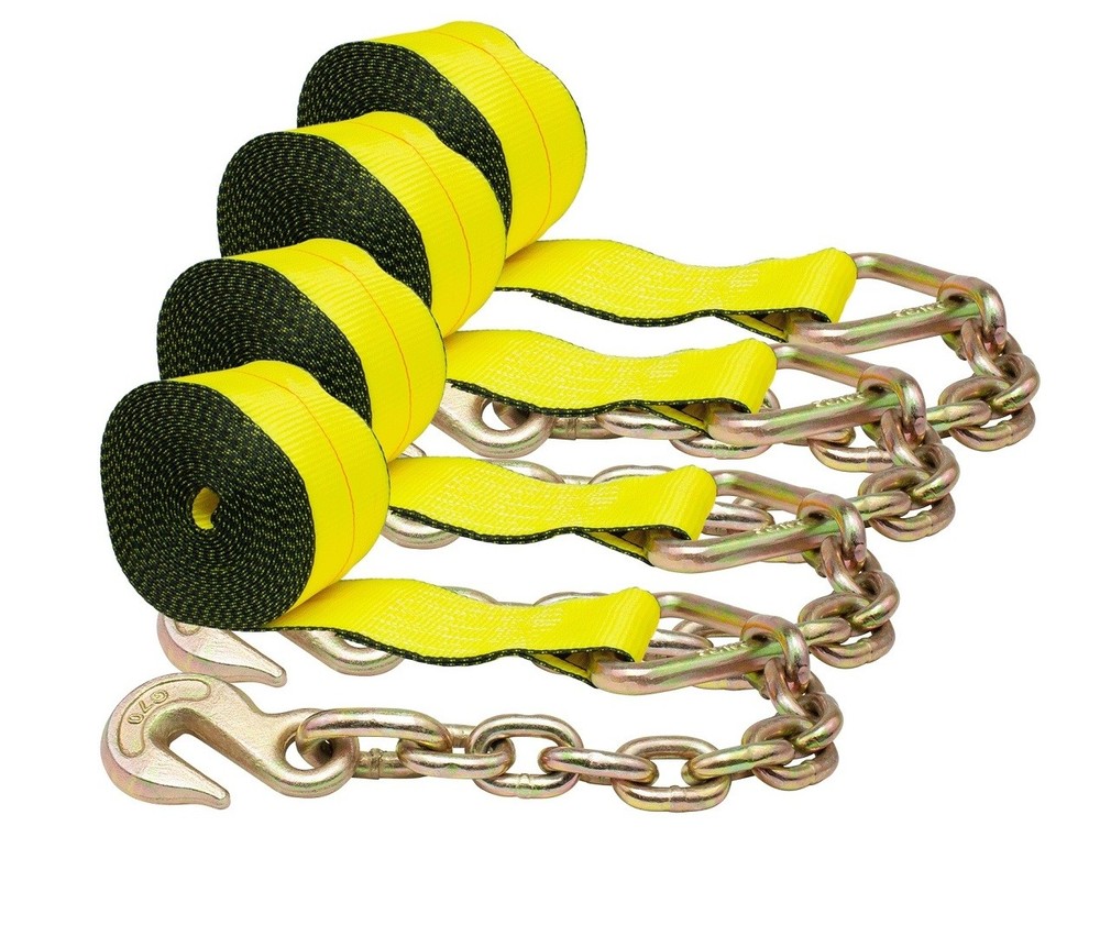 (4 Pack) 4"x30' Winch Straps w/chain, WLL 5400  Flatbed Tie Down Strap