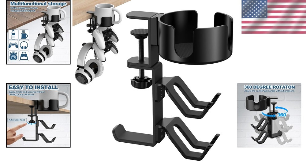 Universal Adjustable Cup Holder with Rotating Arm for Headphones & Controllers