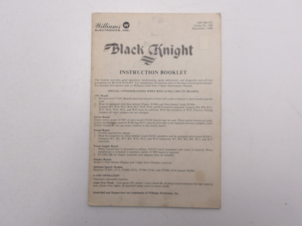 Williams: Black Knight -  Instruction Booklet