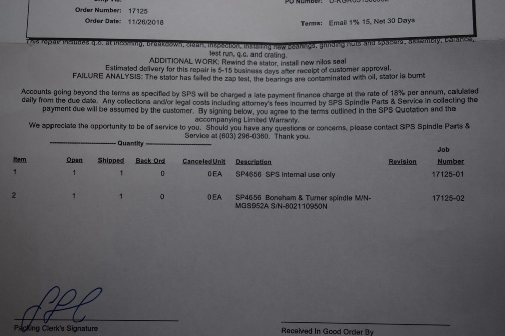 Boneham & Turner MGS952A Spindle