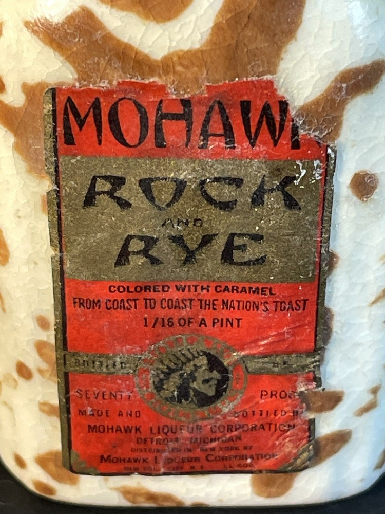 Mohawk Rock & Rye Stoneware Bottles, orig label On One -empty - Crazing