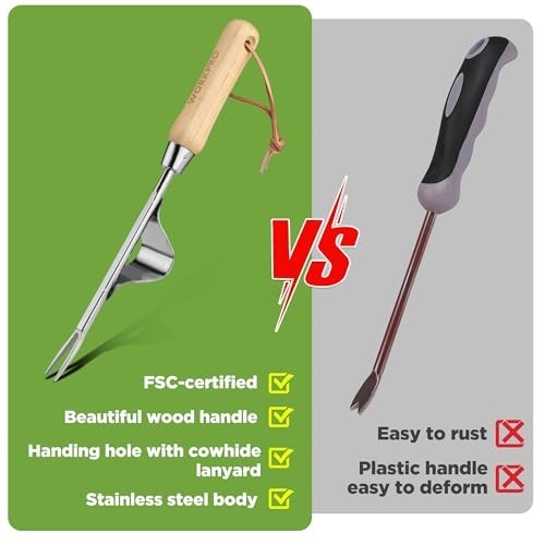 Weed Puller Tool Stainless Steel Hand Weeder V Fork Lever Base Wood Handle