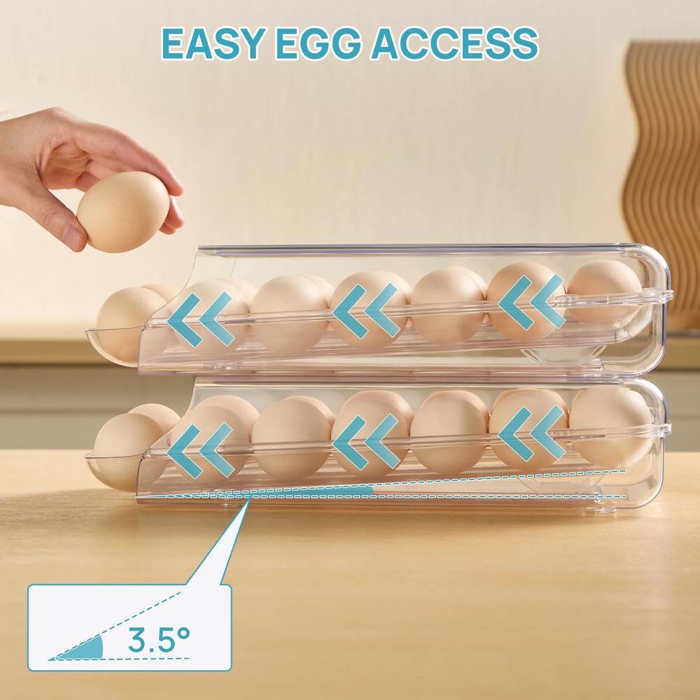 Clear Plastic Egg Holder for Fridge, Automatic Rolling Egg Container for Refr...