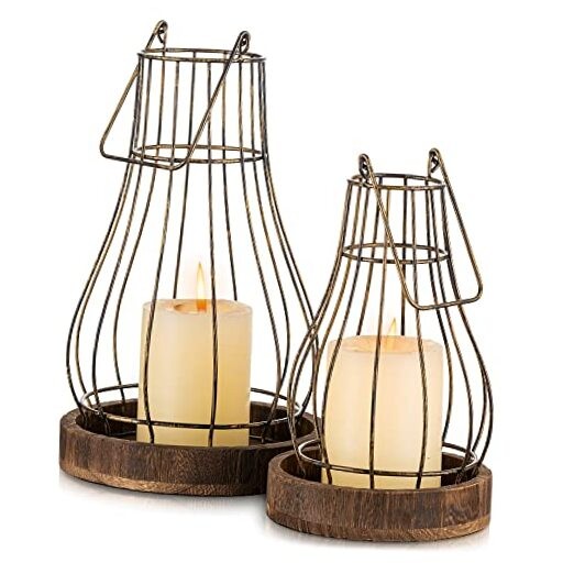 Lantern Farmhouse Home Decor - Rustic Candle Holders 2 Distressed Brown