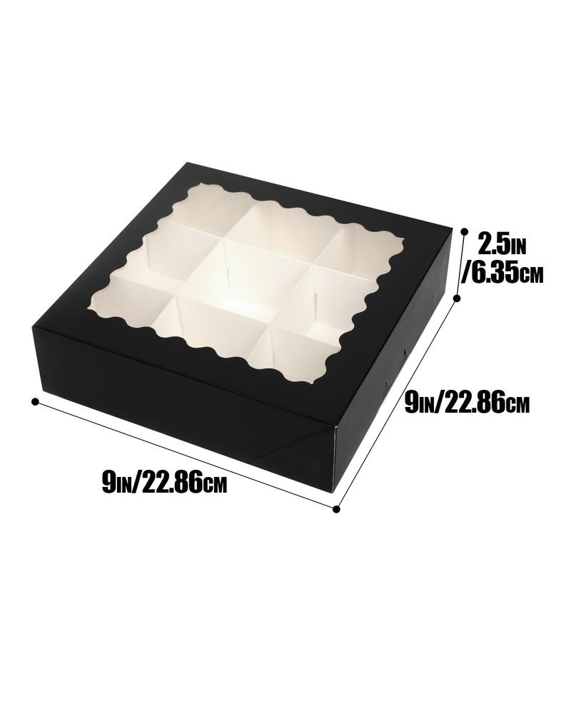 12 Pack Black Pie Boxes With Window 9x9x2.5 Inch Cookie Donut Auto Pop Up