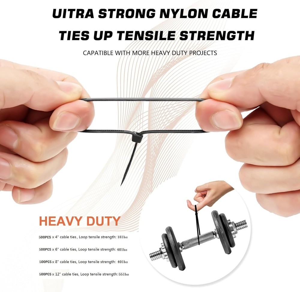 Zip Ties Assorted Sizes4”+6”+8”+12”, 2000 Pack,Black Cable Ties,Multi-Purpose...