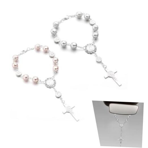 Car Rosary & Cross Rearview Mirror Hanging Decor, Personalized 2 PCS White