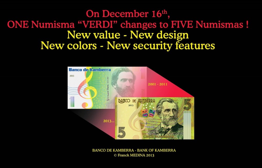 SPECIMEN, Kamberra, 5 Numisms, 2013, UNC > Giuseppe Verdi > Redesigned