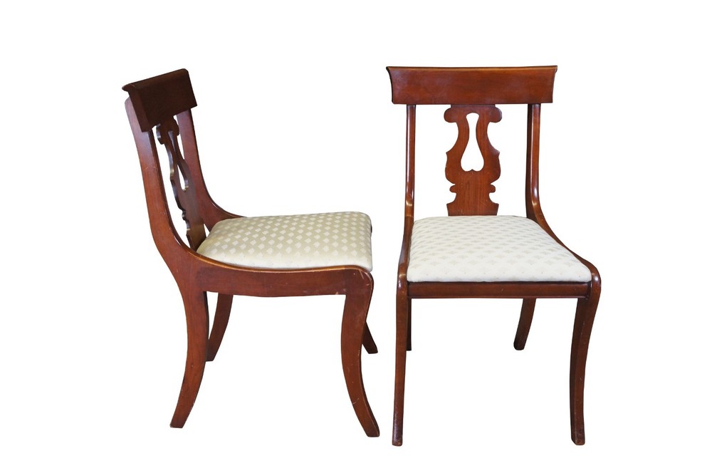 2 Antique Cherry Regency Style Pierced Harp Back Side Dining Accent Chairs