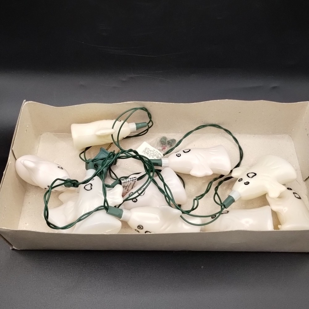 Vtg Halloween Plastic Ghosts String Light Set With Box Double Sided
