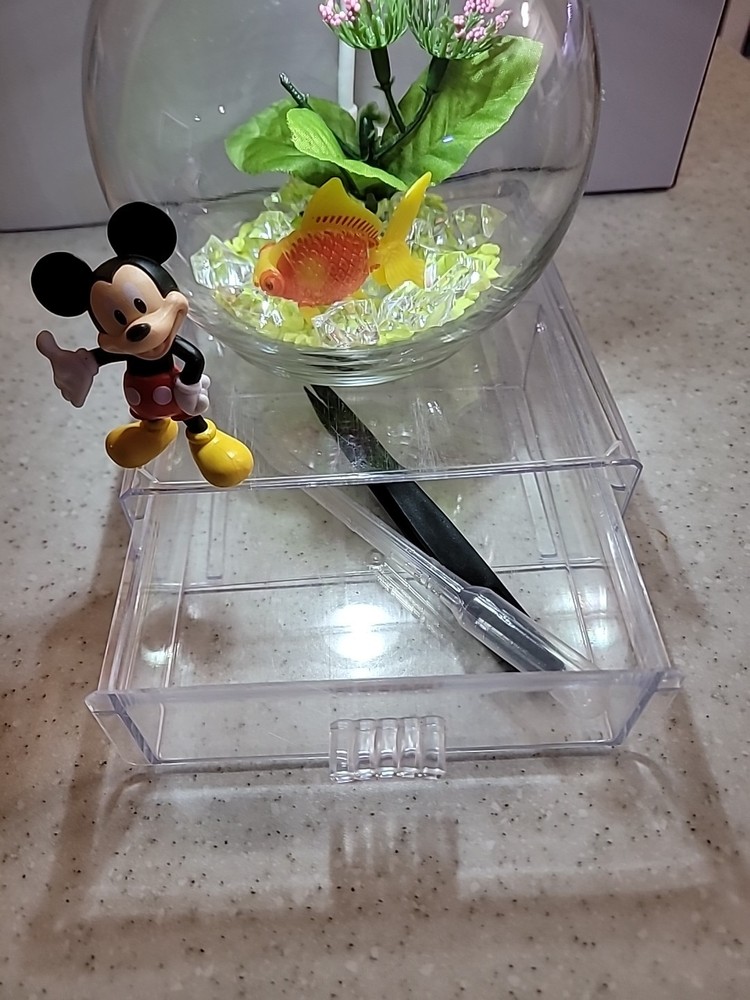 Mini 4 Inch Glass Bowl Beta Fish Tank With Storage Base Led Light Mickey Deco
