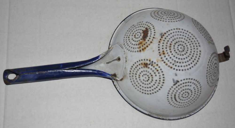 Vintage Enamelware White with Blue Trim Strainer Colander with Handle
