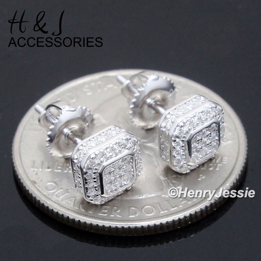 MEN SOLID 925 STERLING SILVER BLING MOISSANITE 7MM 3D SQUARE STUD EARRING*AME258