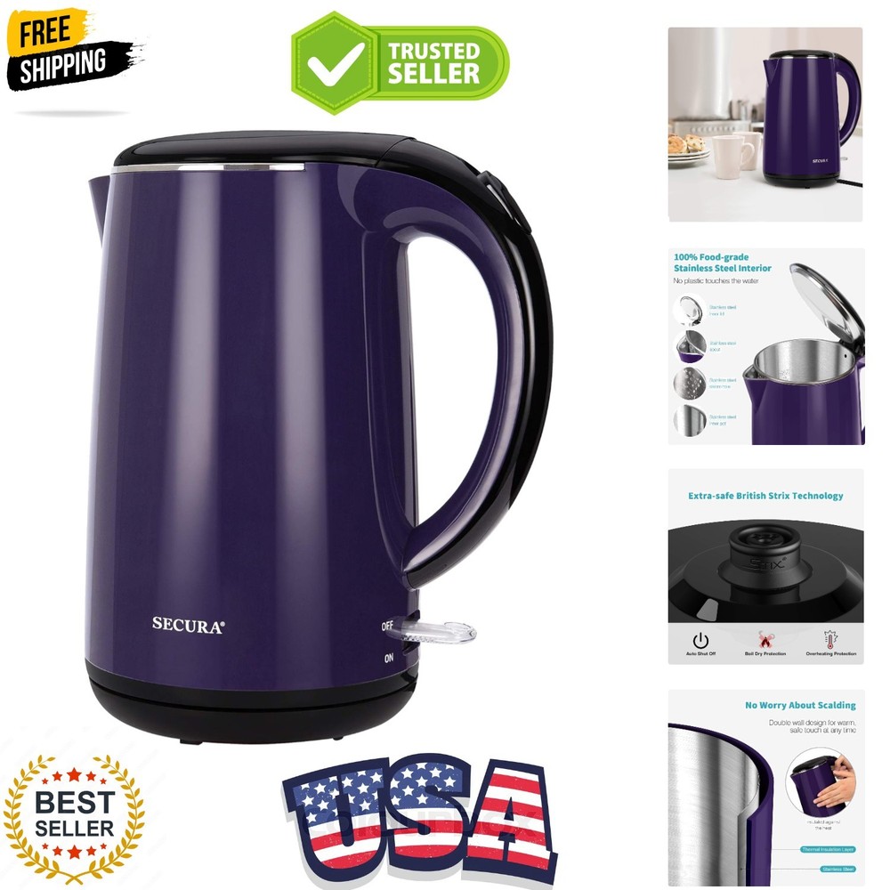 Stainless Steel Double Wall Electric Water Kettle 1.8 Quart with Auto Shut-Of...