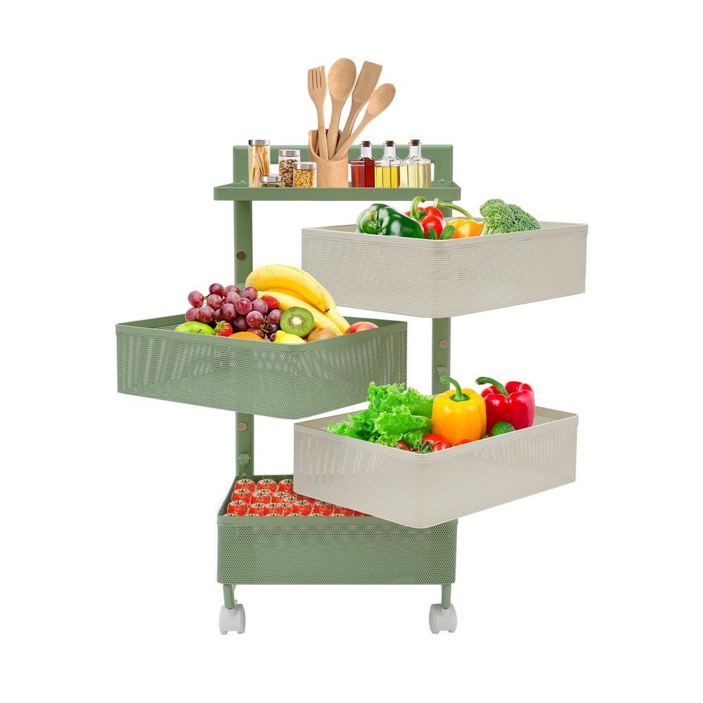 Rotating Storage Rack with Wheels, 4 Baskets, Green Modern Design