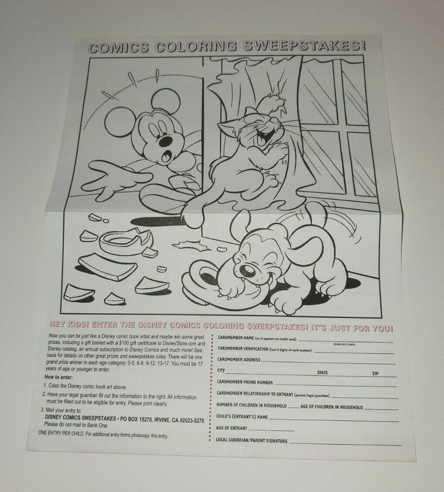 DISNEY COMICS COLORING SWEEPSTAKES CONTEST PAGE ENTRY FORM 2004