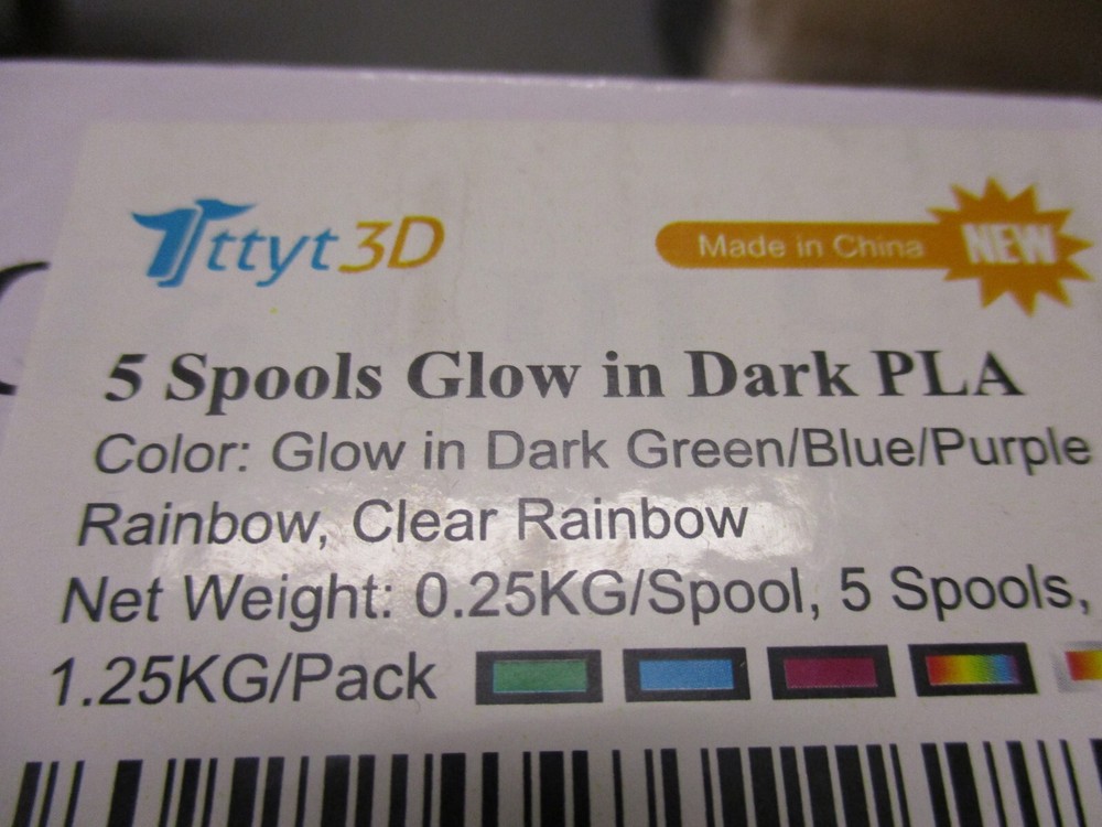 TTYT3D 3D Printer Filament Pack (5 Glow in the dark spools) NEW