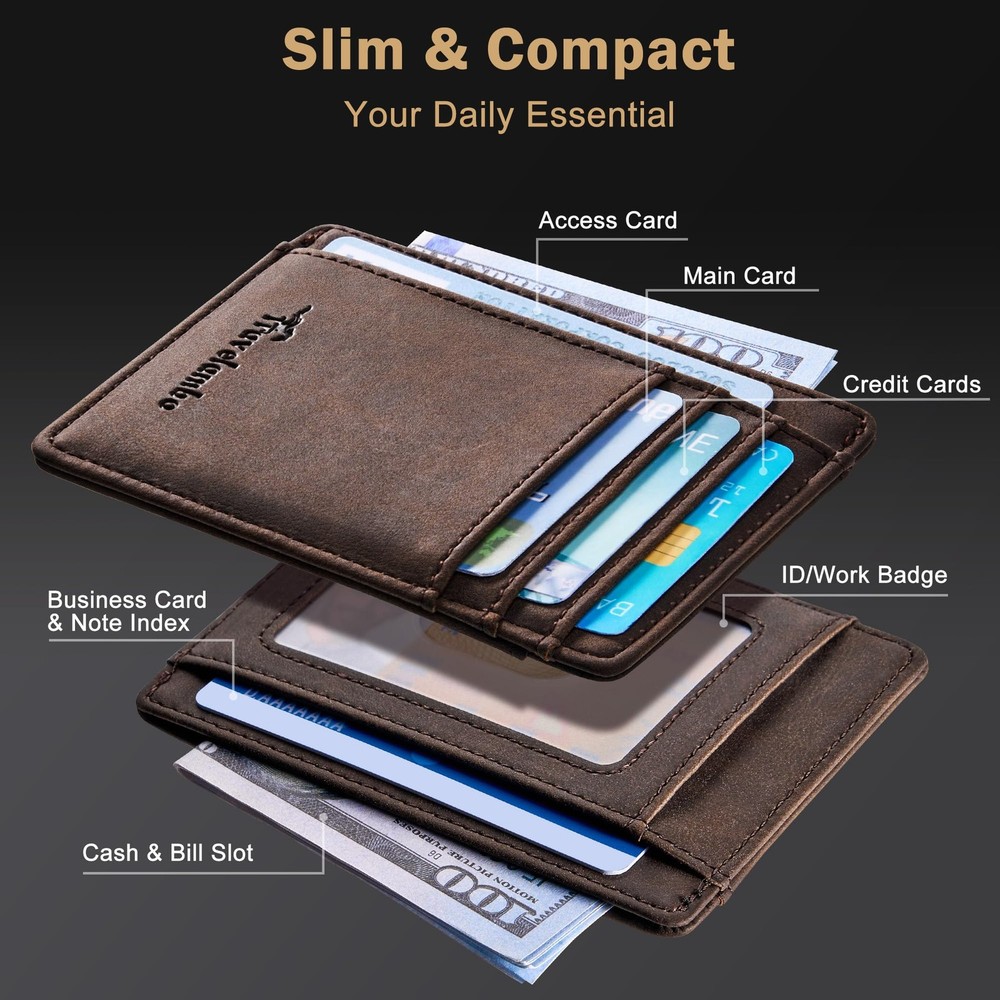 Travelambo Slim Wallet Front Pocket Minimalist Leather RFID Medium, CH Coffee