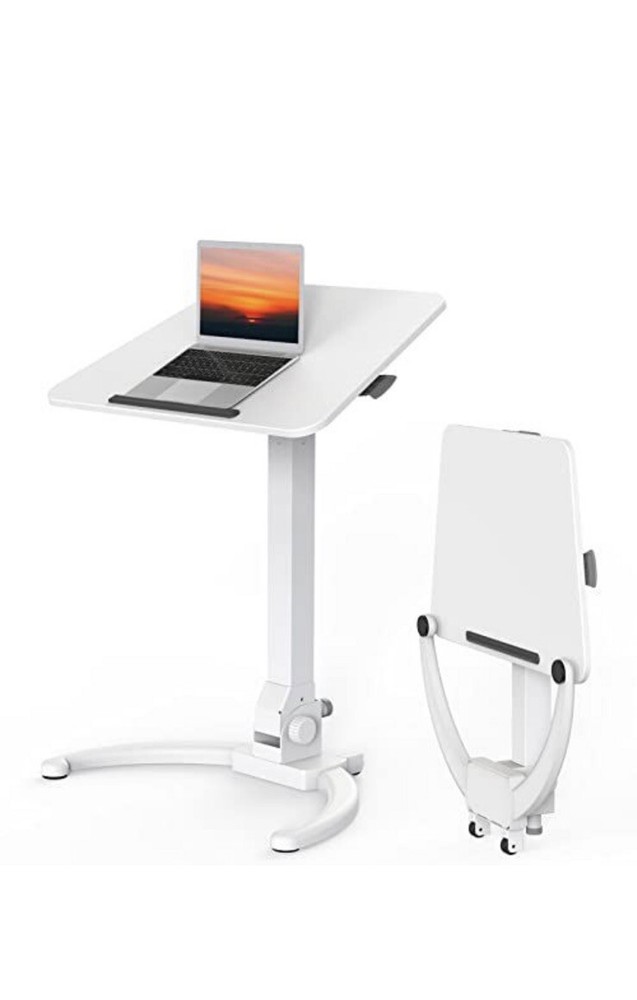 Joy Worker Foldable Mobile Standing Desk Height Adjustable Sit Stand White New