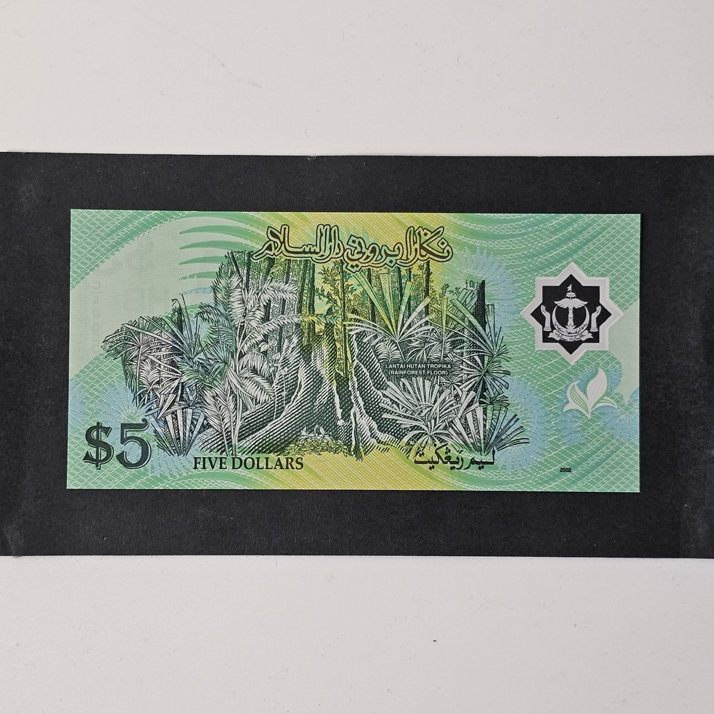BRUNEI 5 Ringgit 2002 Polymer Banknote, Prefix C/6, P-23 UNC (LOT #2273)