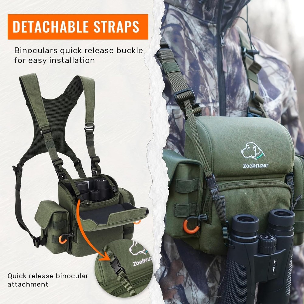 Binocular Harness Chest Pack, Bino Harness Bag with Rangefinder Pouch & Rain Cov