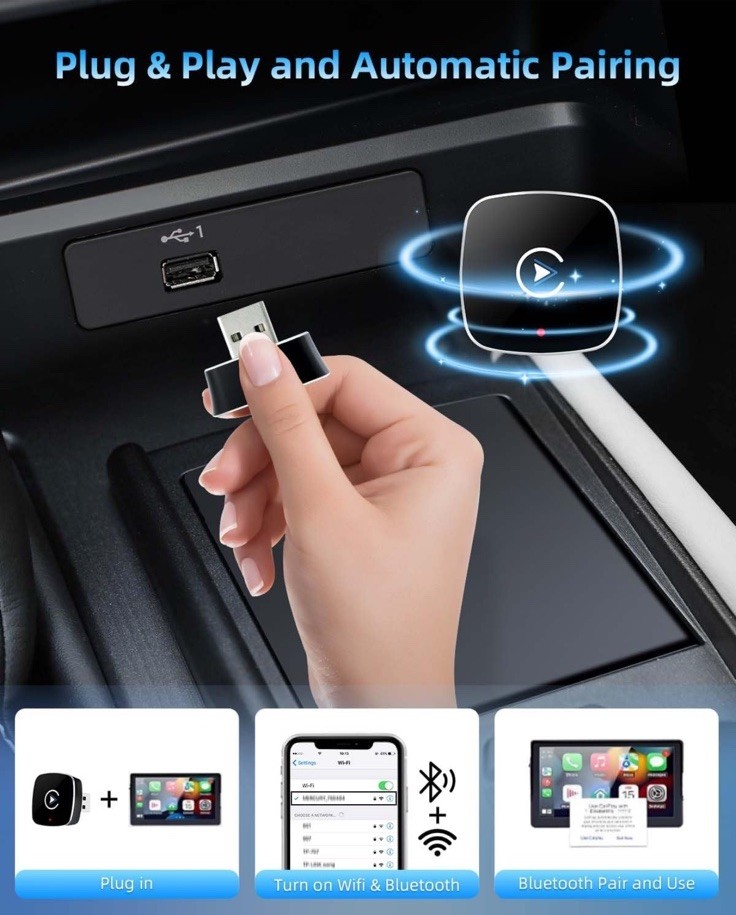 Wireless CarPlay & Android Auto Adapter A1 – Plug & Play – Open Box