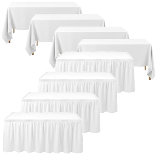 8 Pcs White Table Skirts and Stain Proof Table Cloths 168 x 29 Rectangle