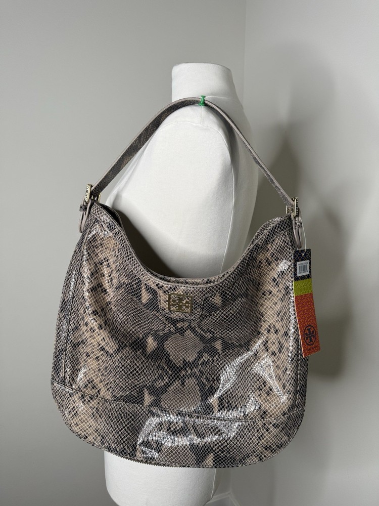NWT $550+ Tory Burch CATALINA Natural Python Logo HOBO Bag Expandable