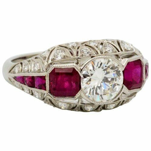 2.10 Ct Diamond & Ruby Art Deco Vintage Engagement Ring 925 Sterling Silver