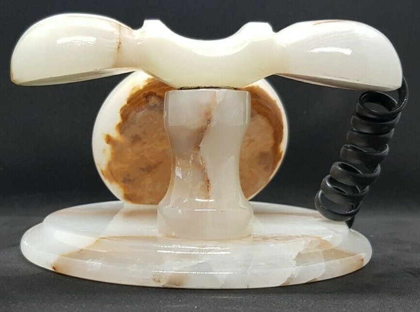 WHITE ONYX HANDCRAFTED, TELEPHONE STYLE CLOCK, 3"