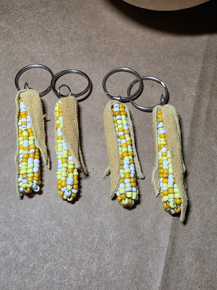 Handmade Yellow White Corn Beaded Keychain 2in
