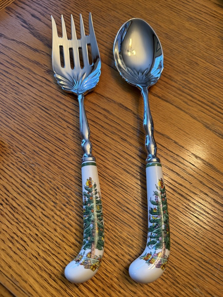 SPODE Christmas Tree Serving Spoon & Meat Fork Set Holiday Servers