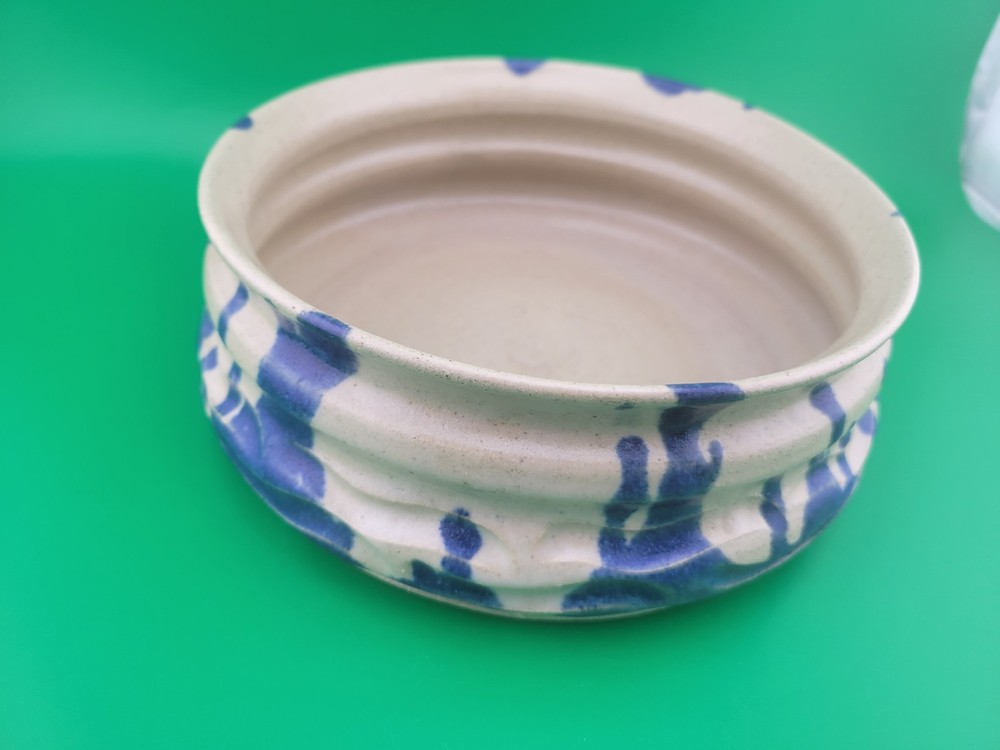 Signed Pottery Glaze Shallow Planter Blue Home Decor