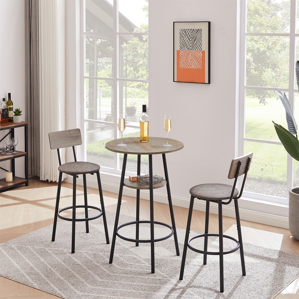3 Piece Bar Table Set Counter Height Kitchen Table w/ 2 Upholstered Stool