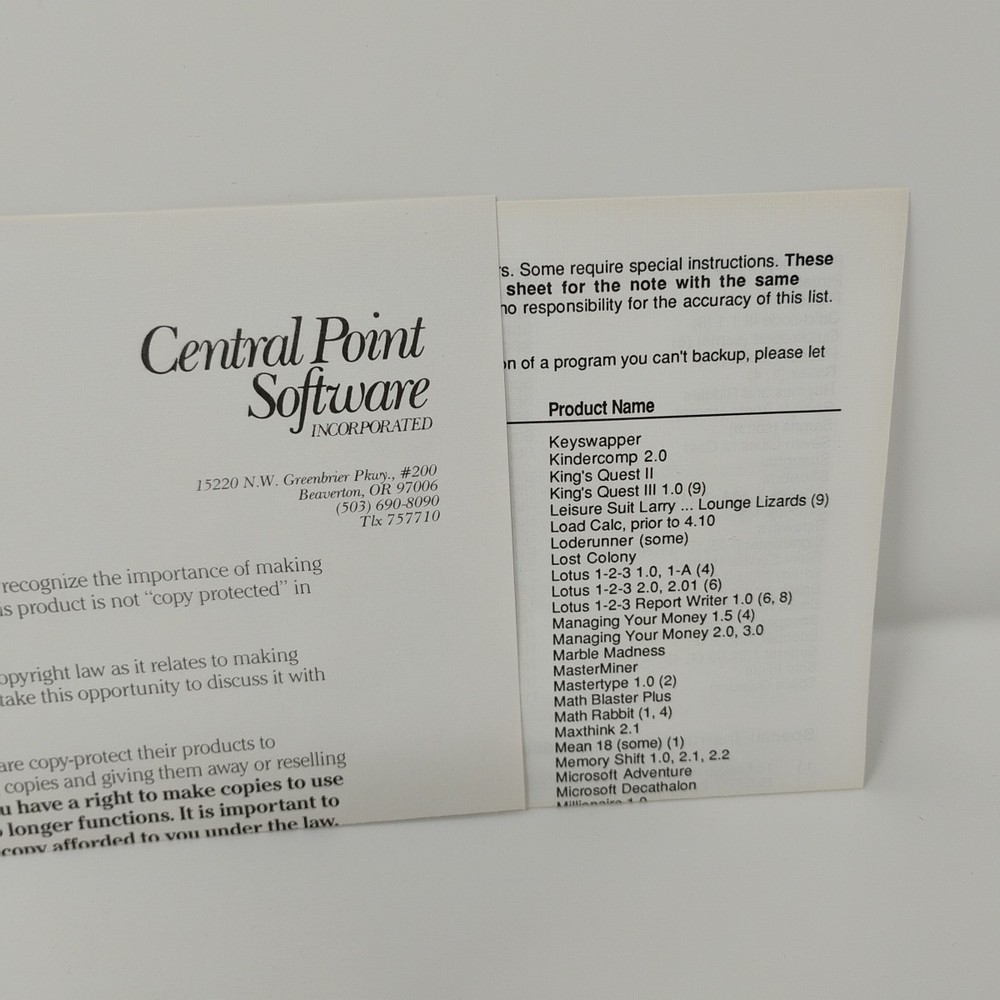COPY II PC Central Point Computer Software Big Box Floppy 5.25 Disk Vintage 1988