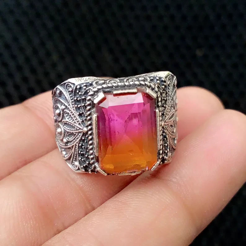 Tourmaline Gemstone Ring Solid Men's 925 Sterling Silver Handmade Men's Ring B65