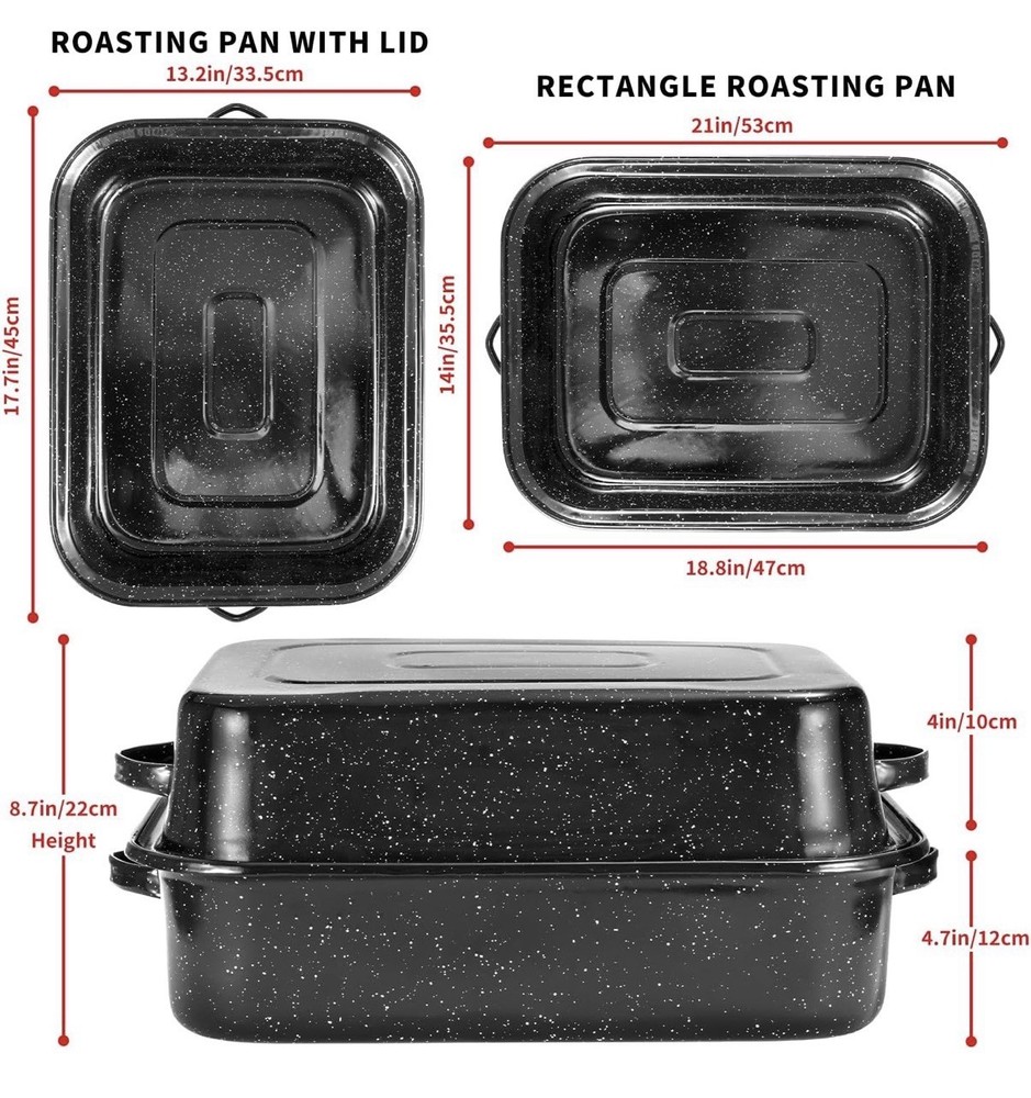 QPMR Roasting Pan with Rack, 21” Rectangular Granite Roaster Pan, 25lb Capacity