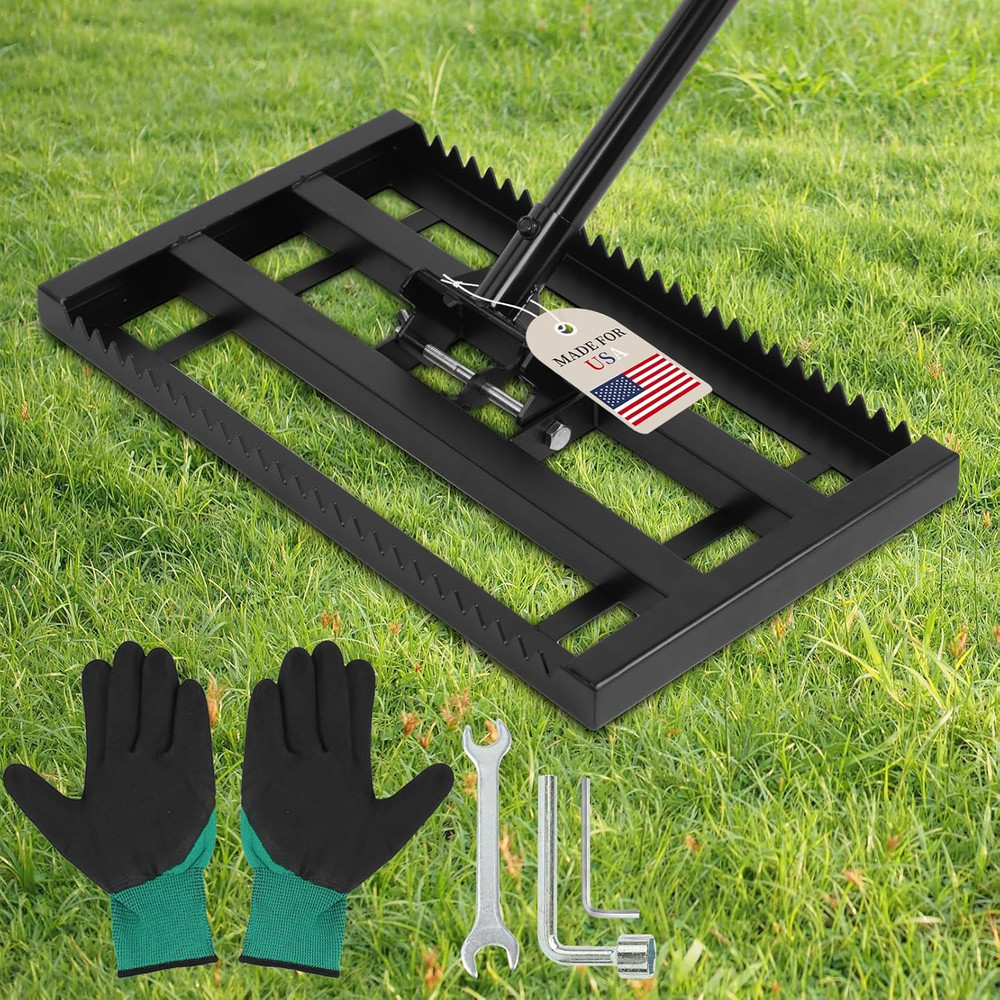 17"X 10" Lawn Leveling Rake for Soil, Sectional Adjustable Handle Yard Rakes for