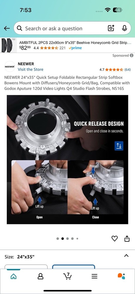 NEEWER 24''x35'' Quick Setup Foldable Rectangular Strip Softbox Bowens Mount