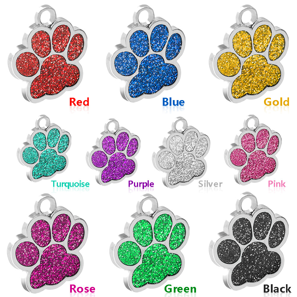 Glitter Paw Shape Personalized Dog Tags Custom Pet ID Name Engraved Collar Disc