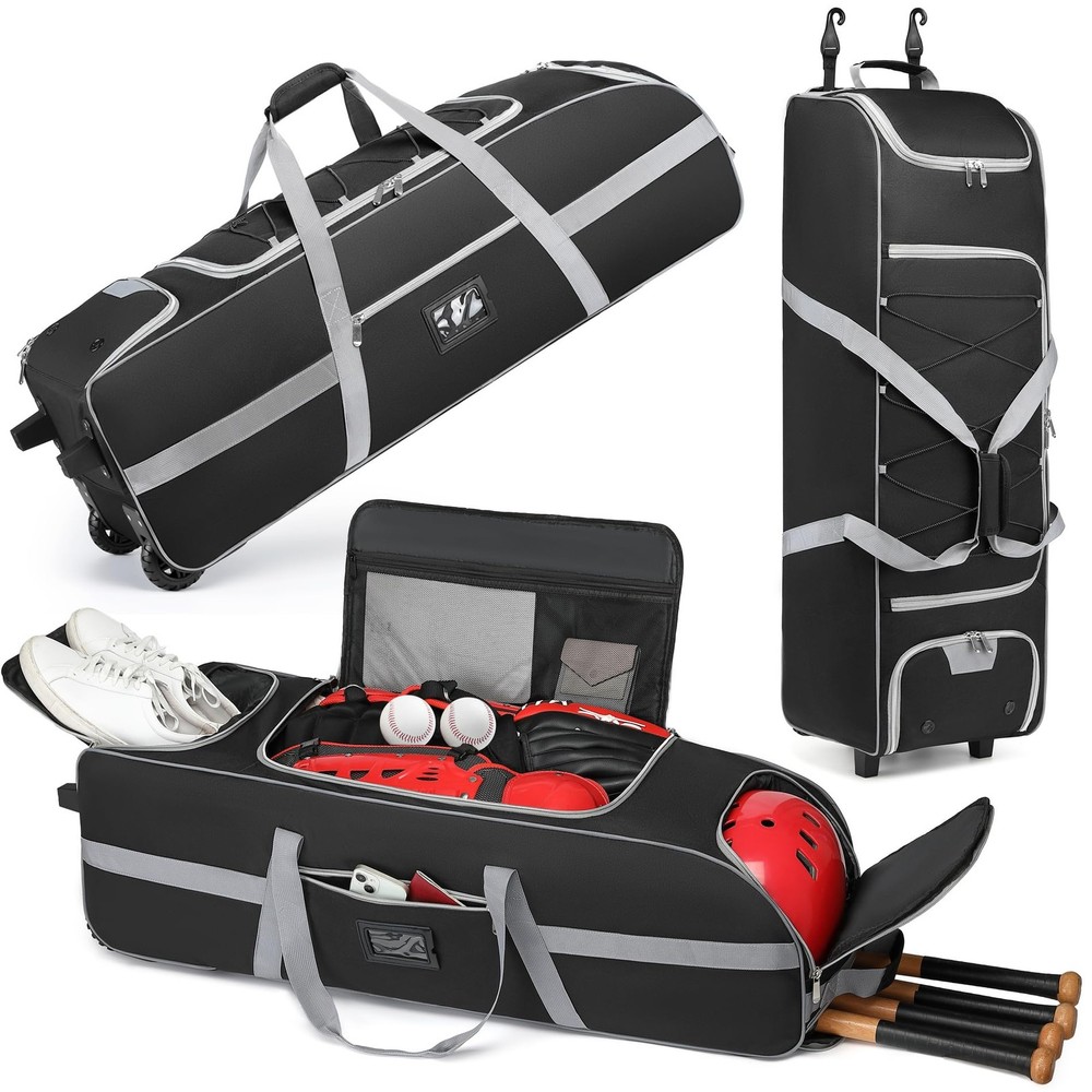 Rolling Baseball Gear Bag with Wheels, Holds 4 Bats, Multi-Pocket Storage