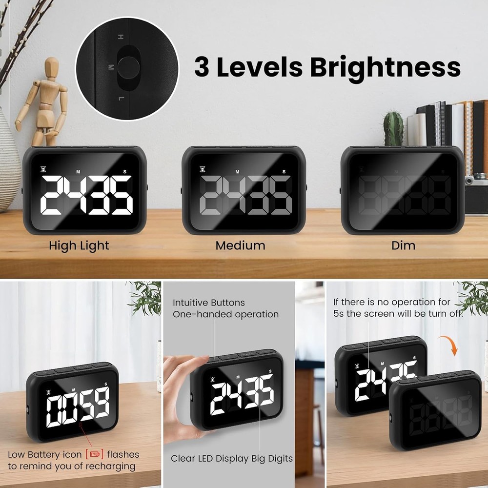 USB Rechargeable Kitchen Timer with Large LCD & Loud Alarm