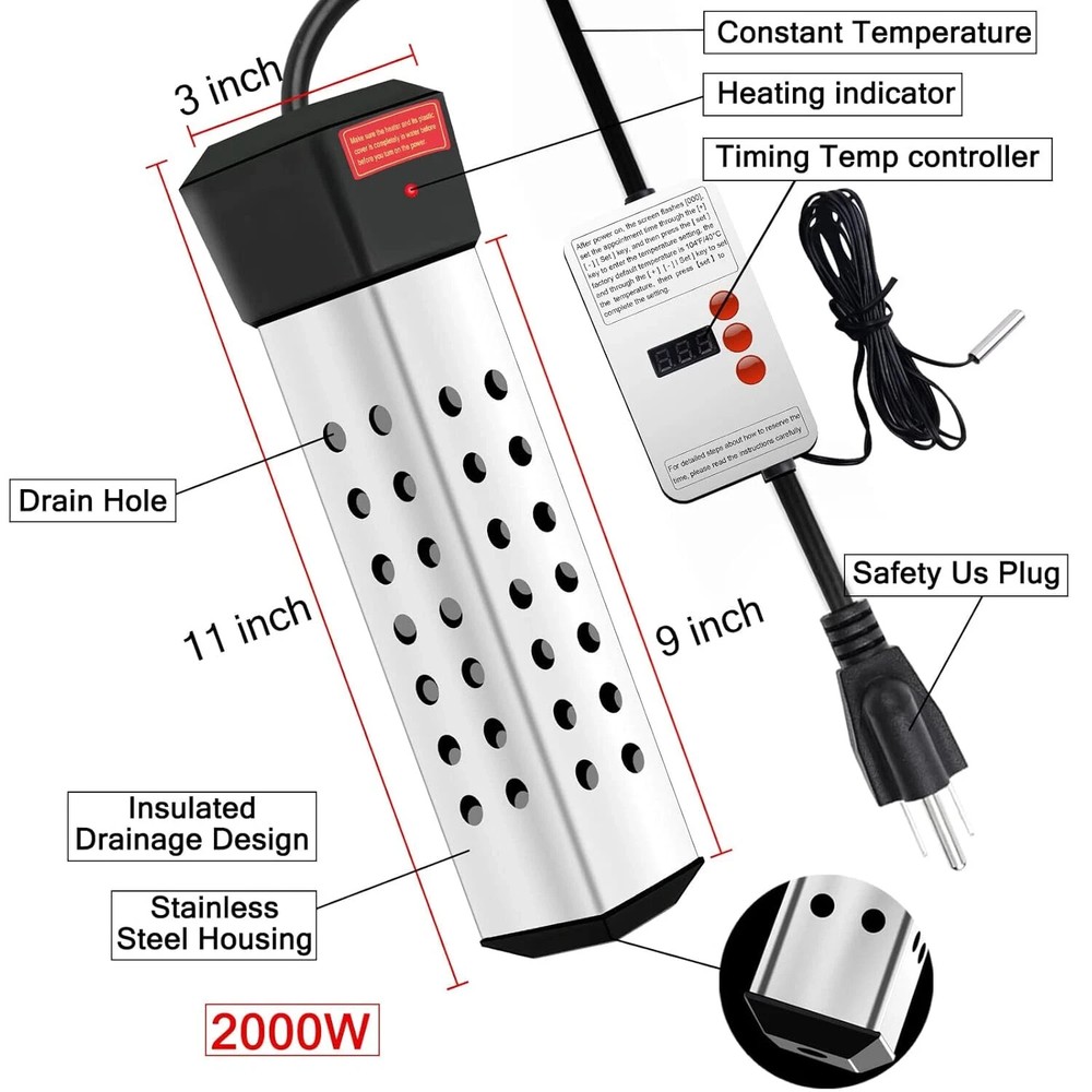 Immersion Water Heater, 2000W Portable Water Heater with LCD Thermostat, 304 Sta