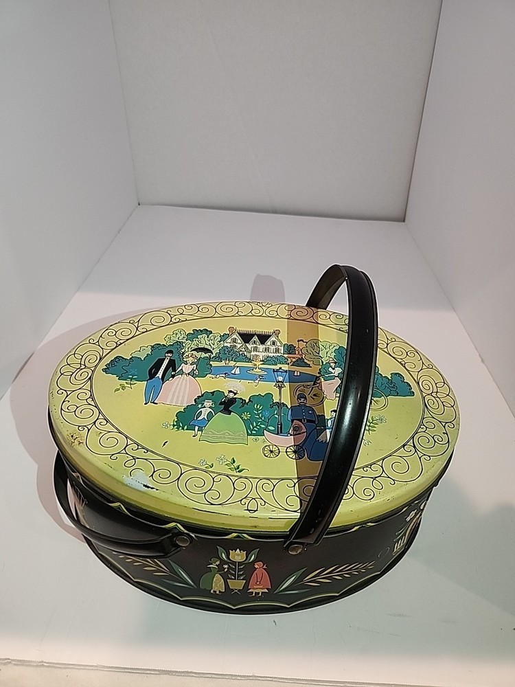 Vintage Tin Litho Box Basket Double Swing Handle