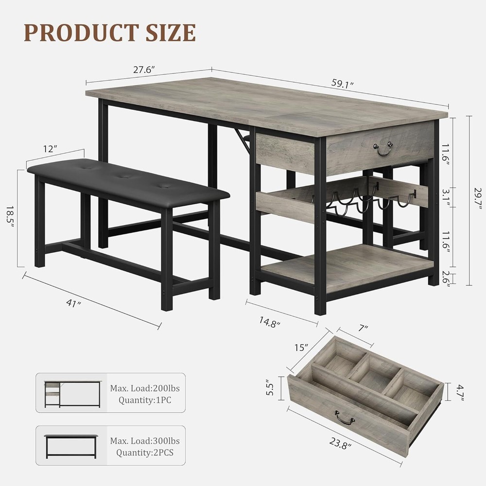 New Dining Table Set for 4 Kitchen Table and 2 Benches, Drawers ,Wine Rack ，Grey