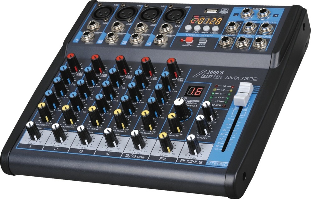 Audio2000s AMX7322 6-Ch.Audio Mixer w/USB Interface,Sound Effects& Bluetooth-NEW
