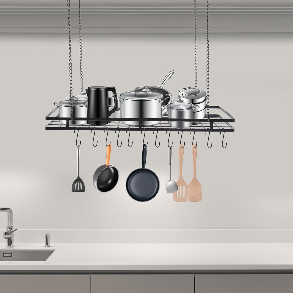 Modern Hanging Pot Holder Pan Hanger Kitchen Ceiling Rack with 12 Hooks Black