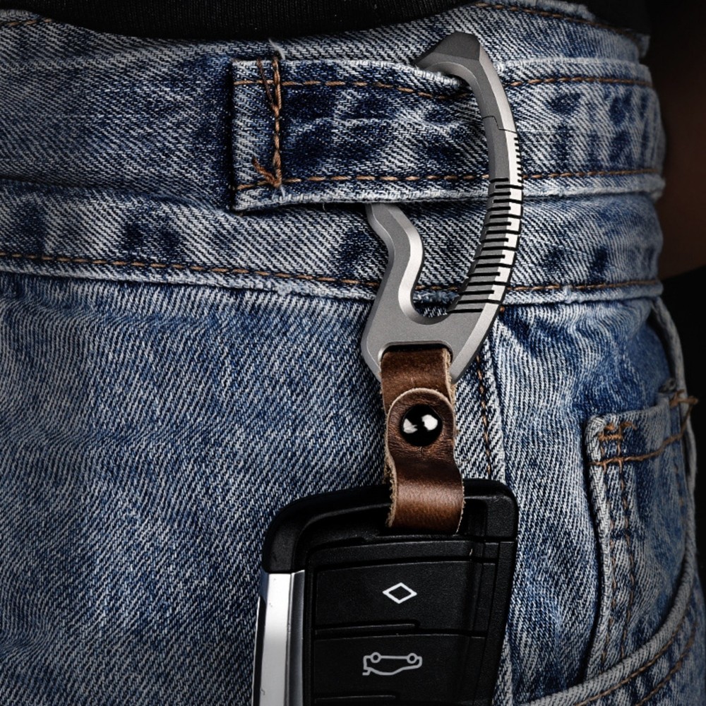 Titanium Alloy Keychain Clip with Leather Strap Removable Pendant EDC Multi Tool