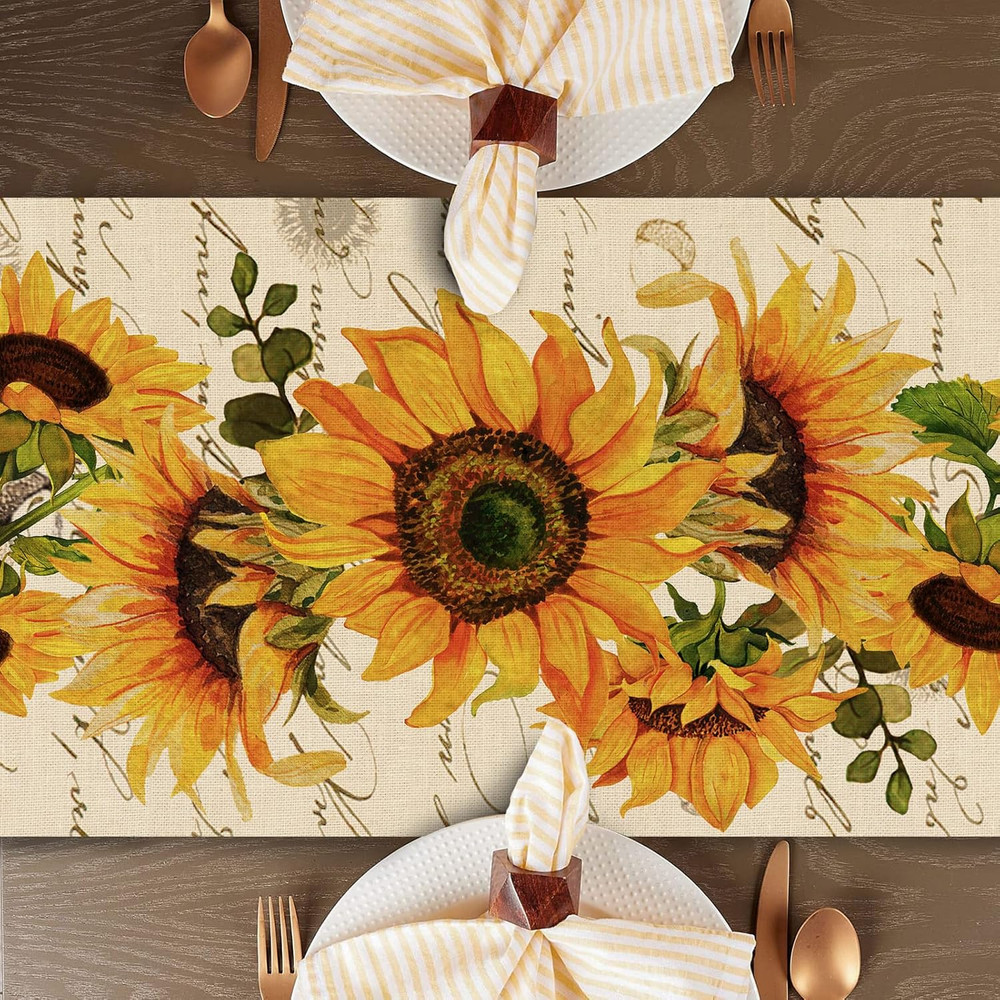 Fall Sunflowers Table Runner, Vintage Spring Summer Flower Home Kitchen Dining D